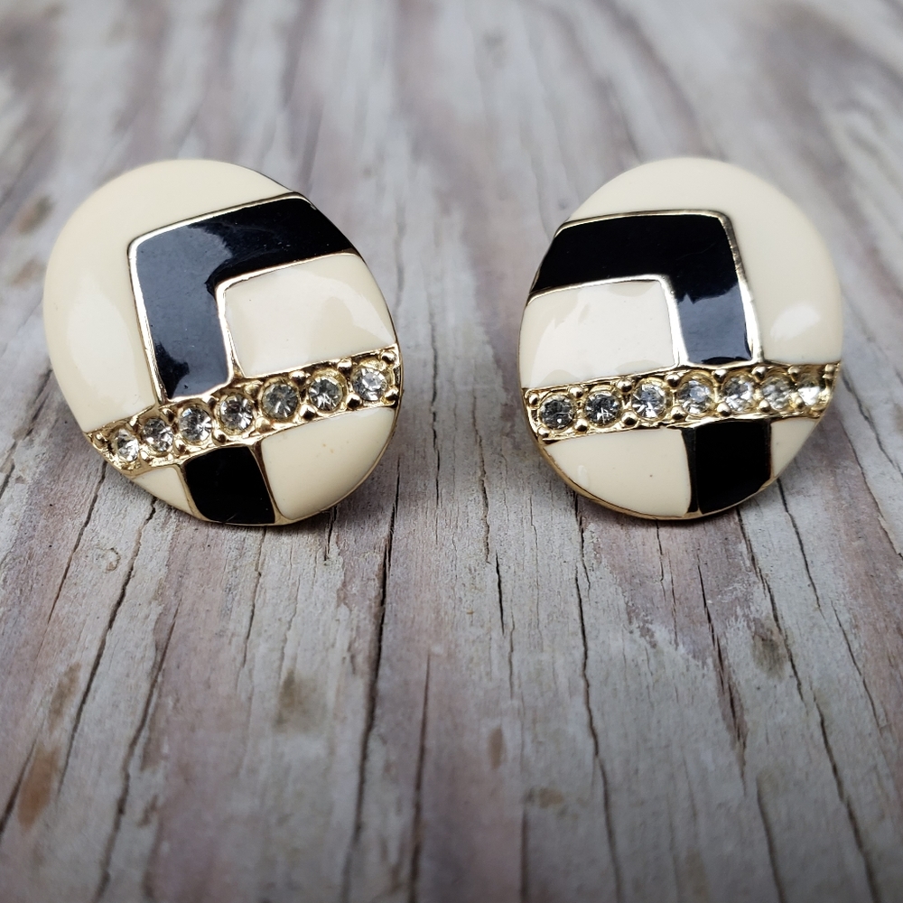 80s Art Deco Revival Geometric Design Oval Earrings